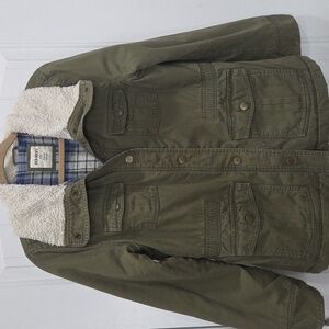 Old Navy Army Green, Flannel Lined Button Up Jacket with Sherpa Collar Size L